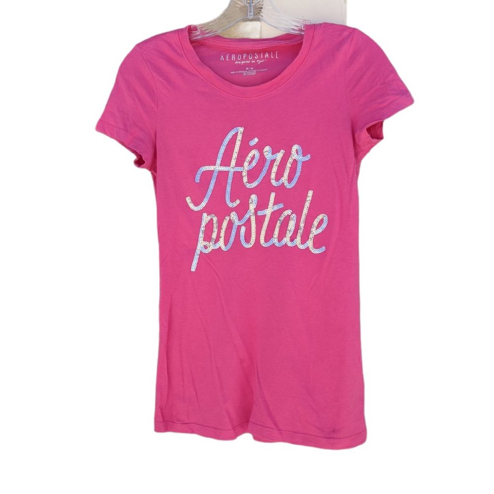 Aeropostale Pink Tee with Silver Sequin "Aeropostale" Design - Size M